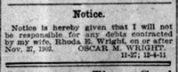 WRIGHT Oscar WRIGHT Rhoda Not Responsible for Debt Dayton_Daily_News_Thu__Nov_26__1903_